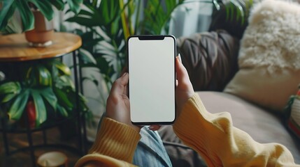 Poster - Mock up white screen blank mobile phone in woman hands holding sitting on armchair at home Back view : Generative AI