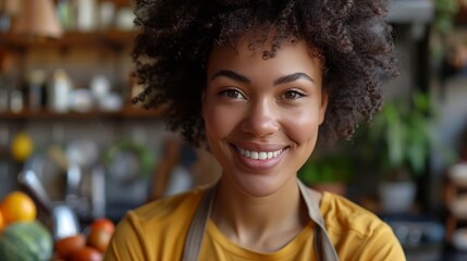 Happy health and portrait of woman with fruit for fresh organic or nutrition snack for diet Smile wellness and young female person with produce ingredients or groceries at modern apart : Generative AI