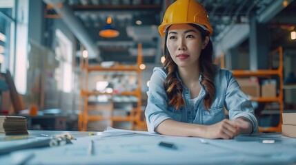 Poster - Diverse engineer team working at the office table with construction plans and architect equipment and planning construction project Focus on an asian vietnamese woman team leader holdi : Generative AI