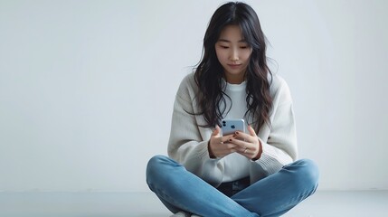 Aufkleber - Young beautiful Asian woman in casual clothes sitting on the floor and using her smartphone isolated white background chatting video call social media : Generative AI