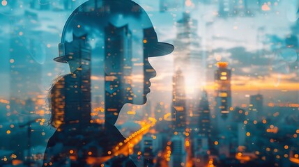 Aufkleber - Engineering worker future industry double exposure city concept construction building city development planning innovation contractor technician architect city background blue banner : Generative AI