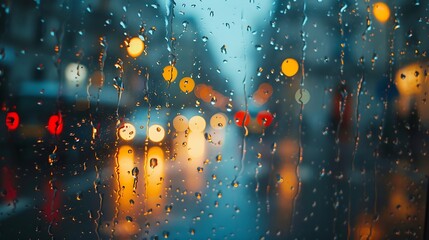 Poster - Rain drops on window glass close up background texture View on rainy street town from home : Generative AI