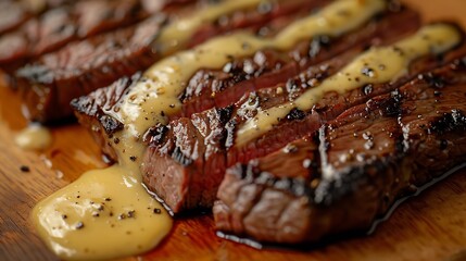 High quality close up of medium rare steak creamy sauce : Generative AI