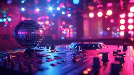 Poster - Empty DJ mixing panel at funky club spotlights and disco ball at the bar used for dancing and clubbing Dance floor at discotheque with audio equipment station used for partying nightli : Generative AI