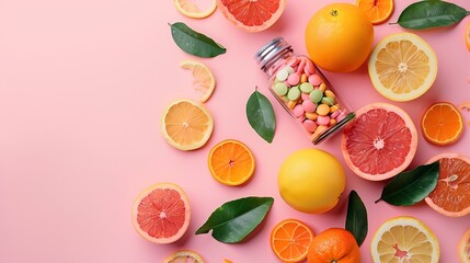 Wall Mural - Citrus fruit and fresh leaves spreading out of pill bottle on pastel pink background Creative supplementary health food nutrition Boost immune system with vitamin tablets Flat lay copy : Generative AI