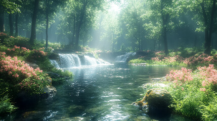 Wall Mural - A beautiful, serene forest scene with a small waterfall and a stream