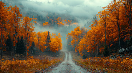 Wall Mural - A road with trees on either side and a foggy sky