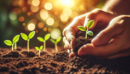 Wall Mural - Young plant seeding or growing in fertile soil of farm on bokeh blur background in golden sunlight 