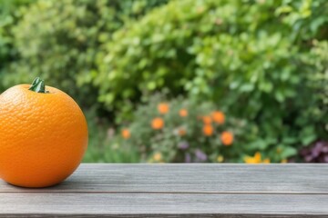 Orange on a wooden table over a blurry nature background