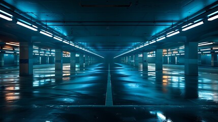 Poster - Sci fi looking dark and moody underground parking lot with fluorescent lights on  Long hall : Generative AI
