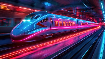 Poster - High Speed Train in Neon Tunnel