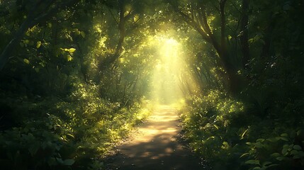 Poster - Sunlit Path Through Dense Green Forest Symbolizing a Successful Journey