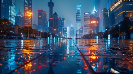 Poster - City square floor and modern commercial building scenery at night in Shanghai China Famous financial district buildings in Shanghai : Generative AI
