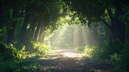 Poster - Sunlit Path Through Dense Green Forest Symbolizing a Successful Journey