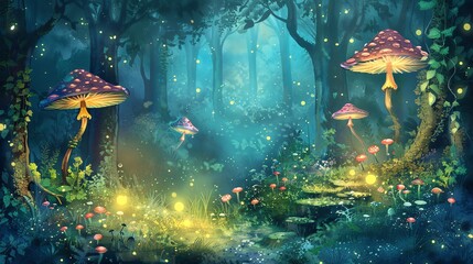 Sticker - A whimsical forest scene with glowing mushrooms, fireflies, and a misty atmosphere.