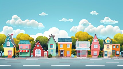 Wall Mural - colorful cartoon houses on a street with a bright blue sky and fluffy clouds.