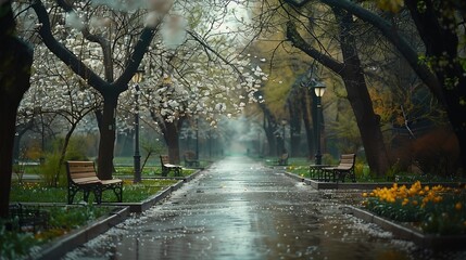 Poster - An empty park alley on a spring day : Generative AI