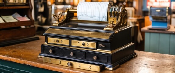 Vintage cash register on an old shop counter, capturing nostalgia and rustic charm