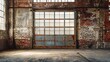 © Generative AI - Brick wall metal rolling garage door and frosted windows in an abandoned warehouse in rural Georgia : Generative AI