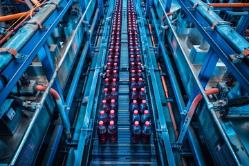 Wall Mural - Aerial view of a conveyor belt with juice bottles in a blue-hued beverage factory, showing the intricate network of industrial production.