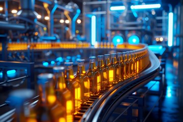 Wall Mural - Conveyor system in a beverage factory, with neatly aligned juice bottles under the blue glow of modern industrial lighting.