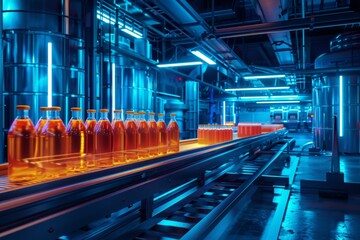 Wall Mural - Interior of a beverage factory with juice bottles on a conveyor belt, under the cool blue light that enhances the modern industrial setting.