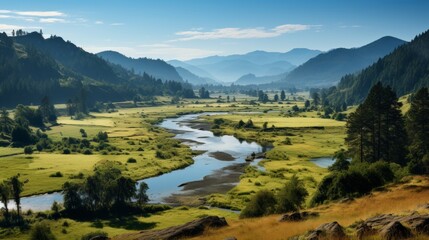 Wall Mural - Tranquil rural landscape with houses by a flowing river under a bright blue sky.