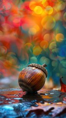 A small acorn is sitting on a wet leaf. The leaf is surrounded by a blurry background, giving the image a dreamy, ethereal quality