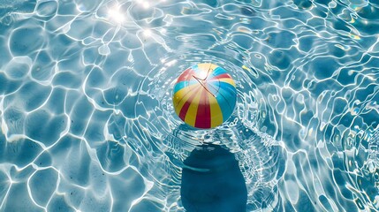 a bright inflatable multicolored ball floats on the surface of clean transparent water in a blue cle