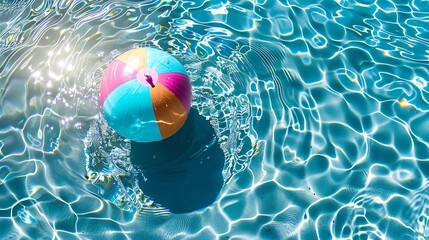 a bright inflatable multicolored ball floats on the surface of clean transparent water in a blue cle
