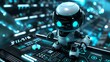 © Galib - A small white robot with glowing blue eyes stands on a futuristic control panel.