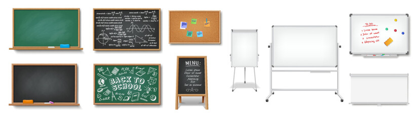 Blackboards for information presentation realistic vector illustration set. School and office equipment 3d objects on white background