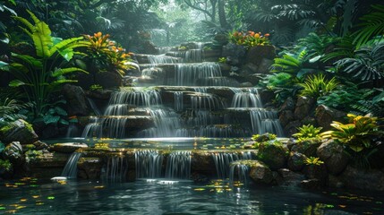 Serene Waterfall in Lush Greenery