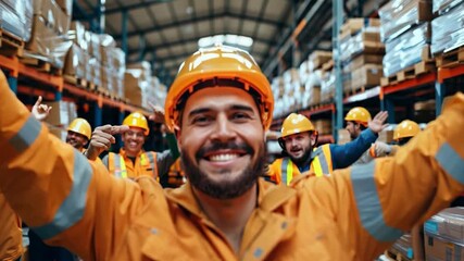 Wall Mural - A talented group of warehouse workers celebrates winning in the warehouse factory.