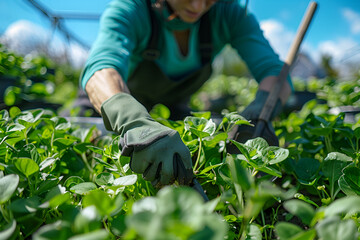 Wall Mural - someone is picking up some plants in a field with a pair of gloves