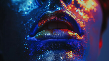 Wall Mural - a close up of a person with a blue and red light on their face