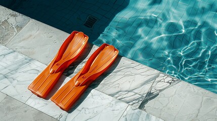 A pair of orange swimming flippers on the marble floor by the pool