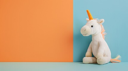 Wall Mural - A plush unicorn toy on a light orange and blue background