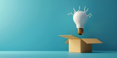 Wall Mural - 3D render of a light bulb breaking out of a box on a blue background