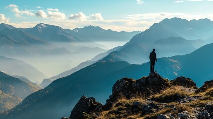 Poster - A lone hiker stands on a rocky mountain peak with a panoramic view of the mountains in the distance.