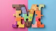 © Emma - alphabet letter M built of wooden puzzles isolated on colorful background
