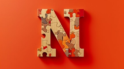 alphabet letter N built of wooden puzzles isolated on red and orange background