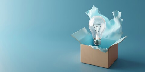 Wall Mural - 3D rendering of a light bulb inside a box with a broken hole on a blue background