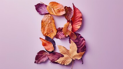 Autumn leaves bright letter B natural multi layers living leaves isolated on light purple background