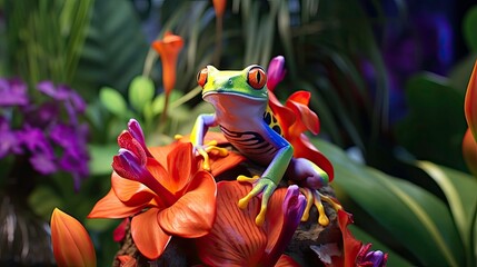 Wall Mural - Beautifull view of  A colorful Red-Eyed Tree Frog in its tropical setting.