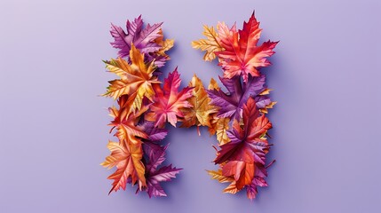 Autumn leaves bright letter H natural multi layers living leaves isolated on light purple background