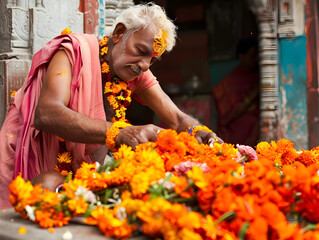 Wall Mural - Devotee praying with colorful flowers at a Hindu temple, deep in devotion and spirituality.