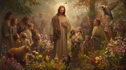 A painting of Jesus Christ, with a compassionate expression, surrounded by children and animals in a garden