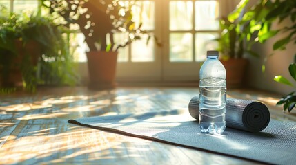 Poster - A rolled up yoga mat and a water bottle on a wooden floor.