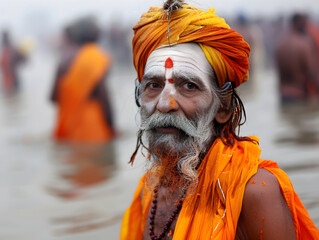 Wall Mural - A man in traditional Hindu clothing standing in midst of large crowd at Kumbh Mela.